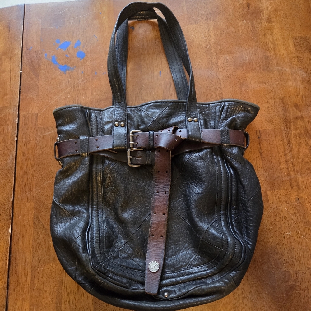 Revel New York Delancey Black & Brown Belted Strap Leather Tote Handbag